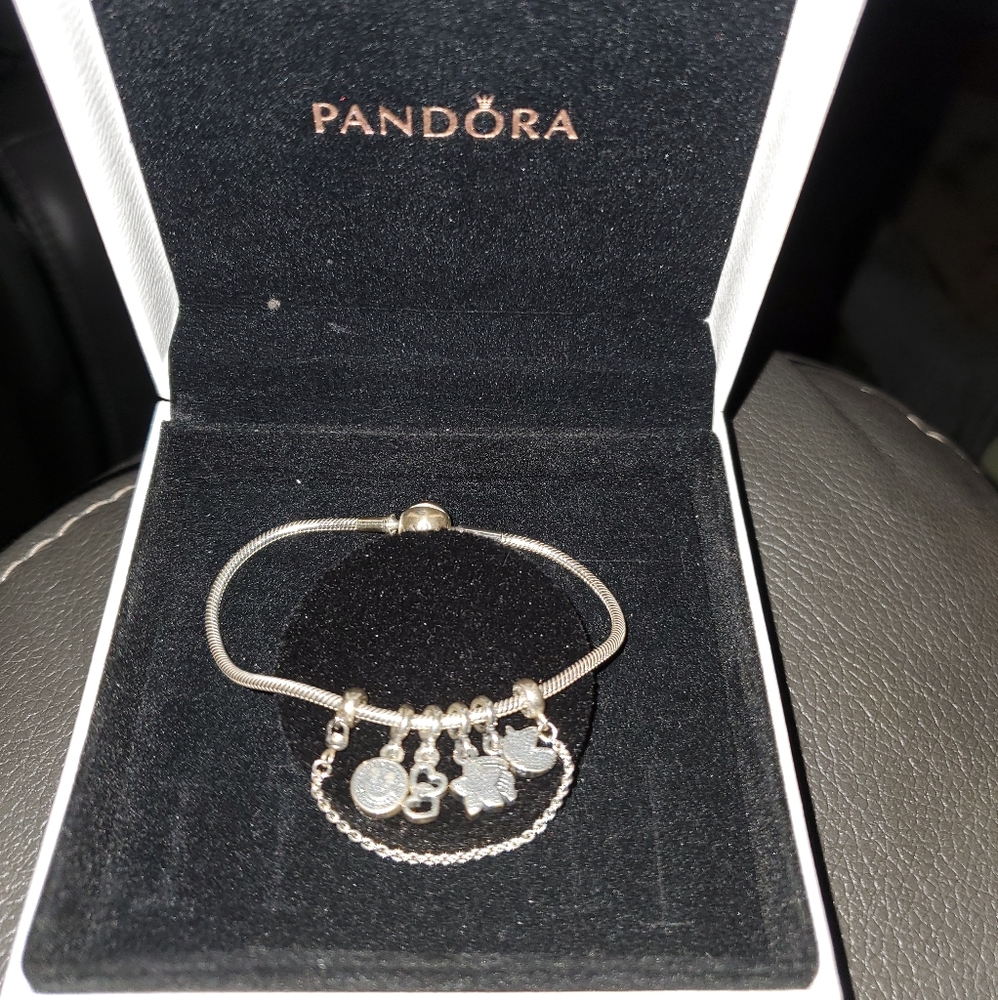 Pandora moments Barrel clasp bracelet with 4 charms and safety chain